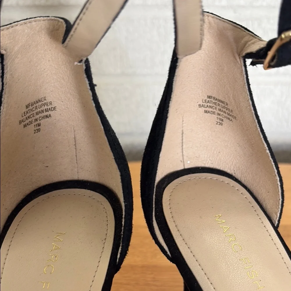 Marc Fisher Black Suede Stiletto Gold Studded Strappy Women's 11M Strappy Ankle